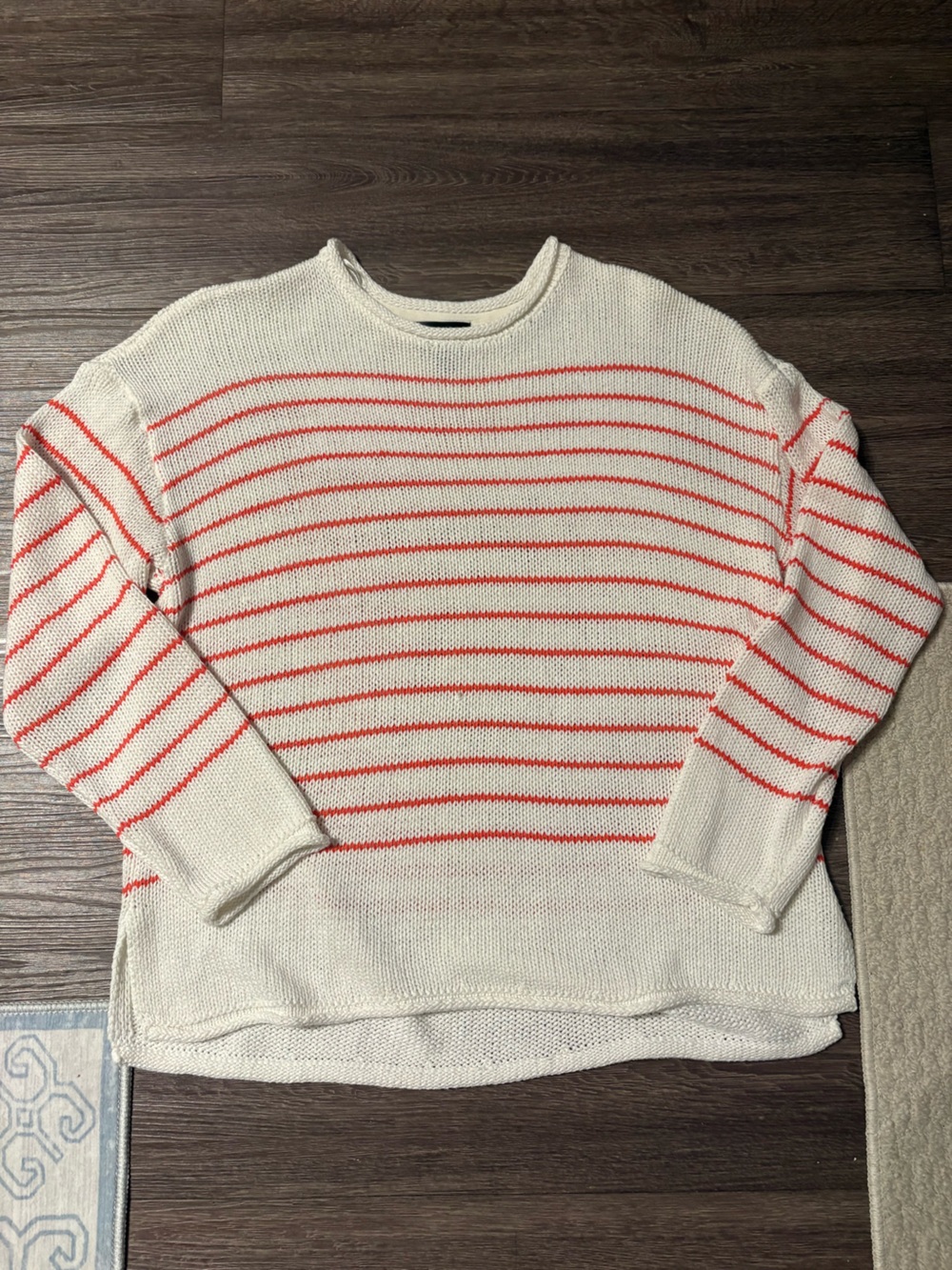 Aqua Cream Sweater with Coral Stripes